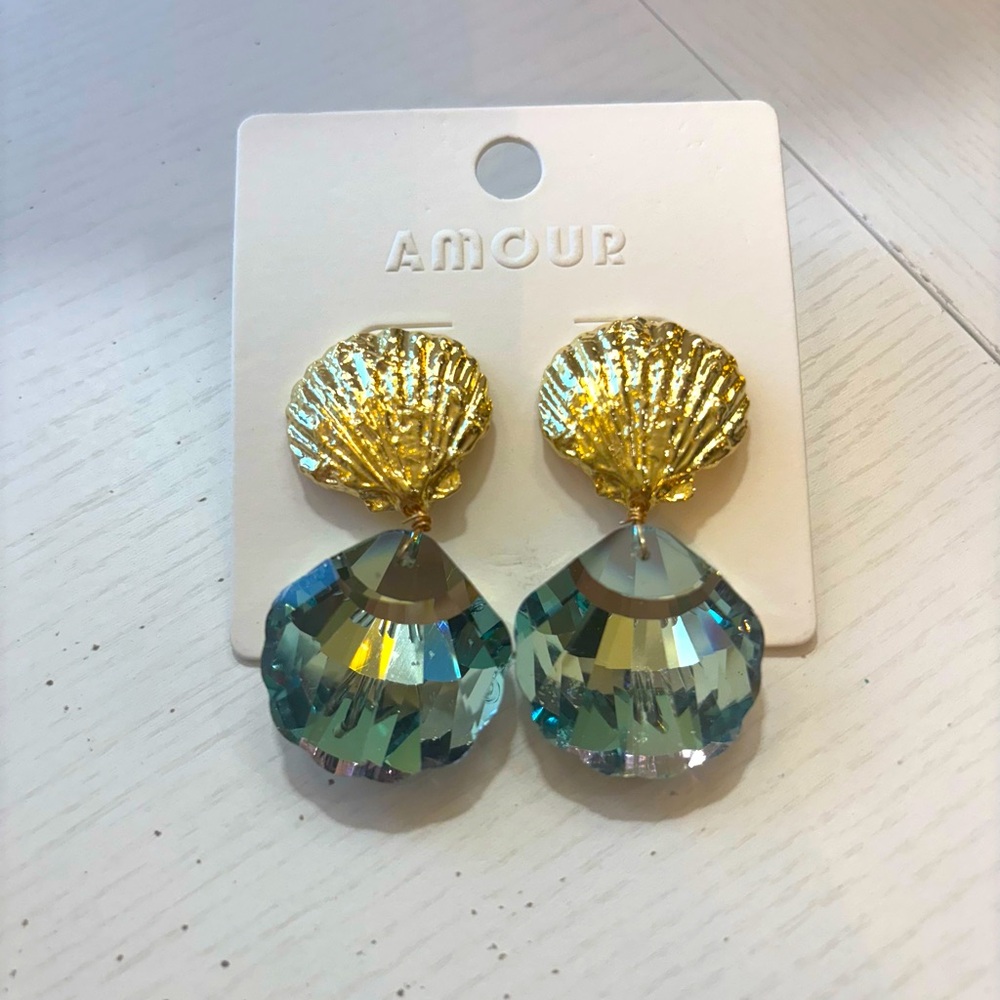 Gold Shell and Blue Shell Crystal Statement Earrings $165 2”
